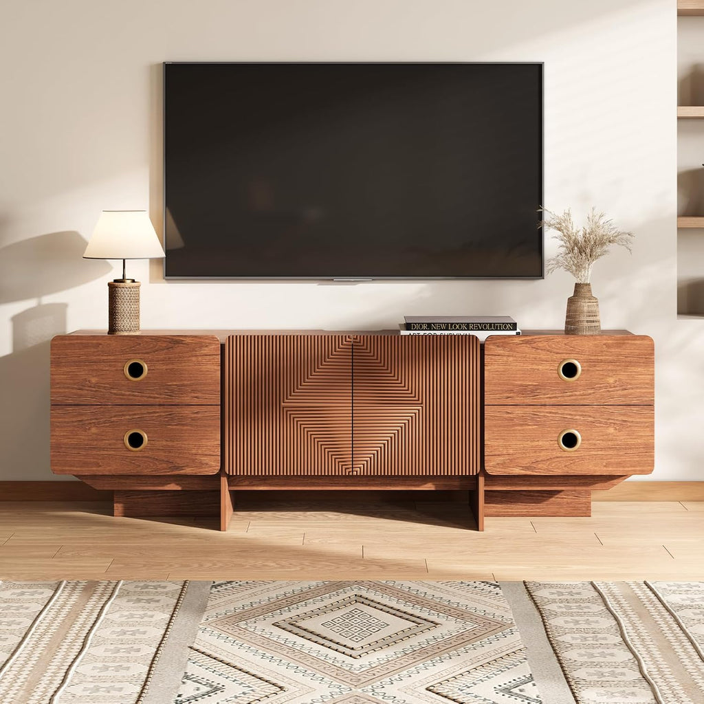 66" Fluted TV Stands for Living Room, Mid Century Modern TV Consoles for 75 inch TV, Entertainment Center with Storage, Media Console with Adjustment Shelf(Cherry)