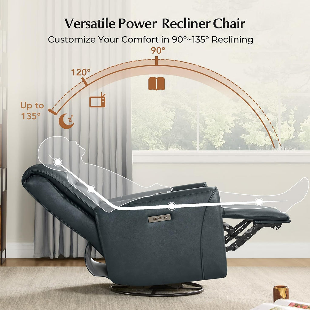 Power Recliner Chair Swivel Glider, FSC Certified Upholstered Genuine Leather Recliner Chair for Adults, Adjustable