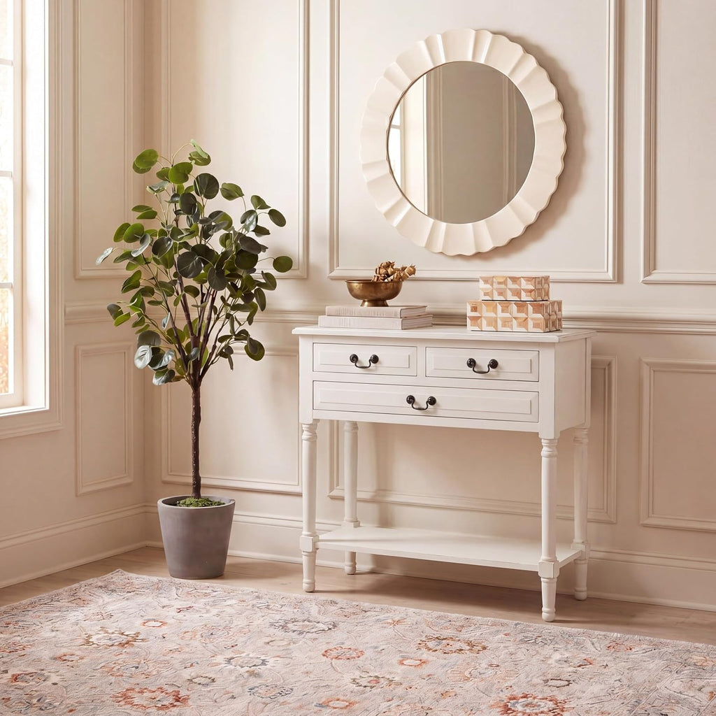 Furniture - Primrose 3-Drawer Console Table - Distressed White - Solid Wood - Farmhouse Classic Design - Ideal