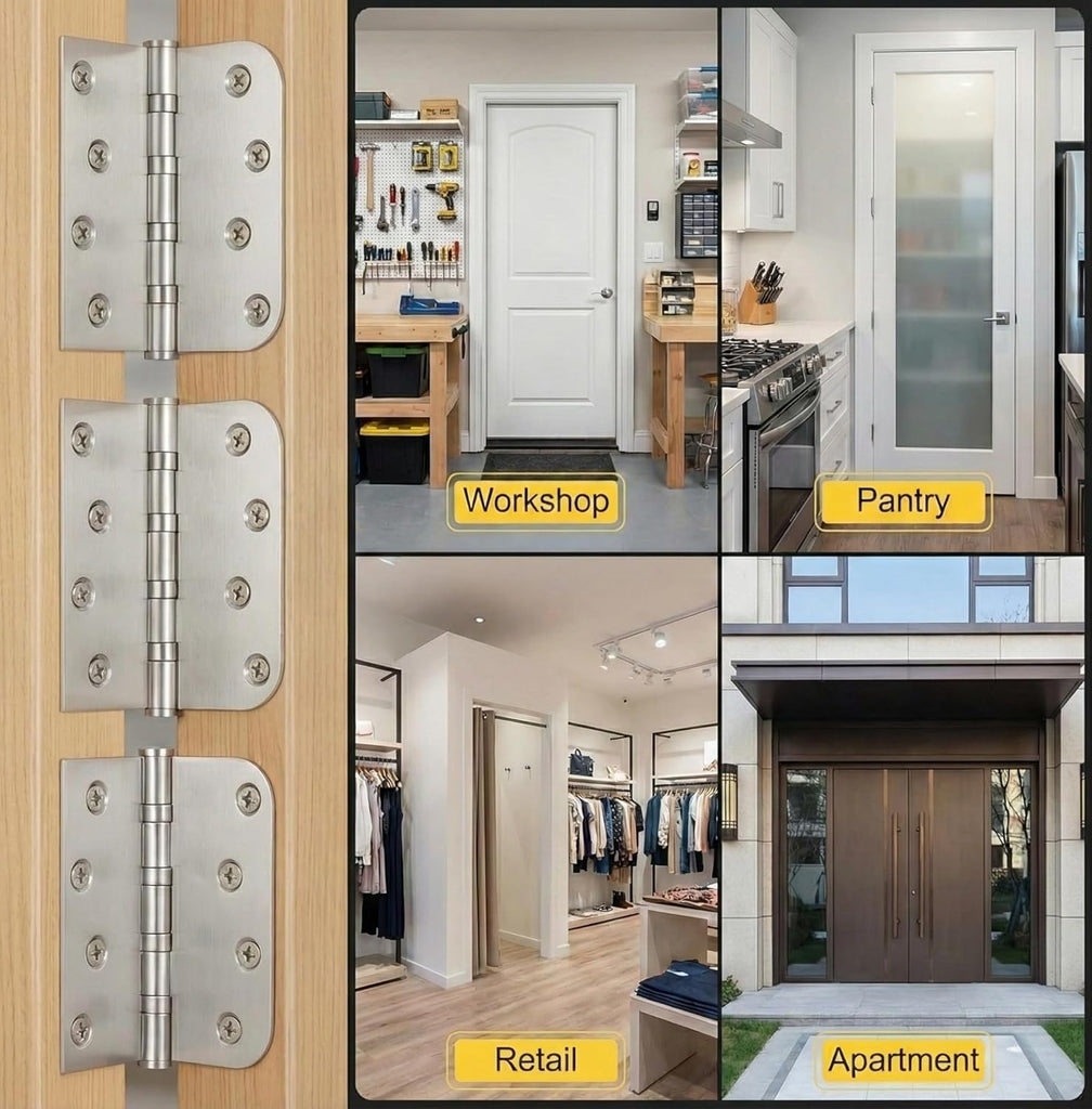 3 Pack Ball Bearing Door Hinges, 4x4 Inch Heavy Duty Stainless Steel Hinges, Brushed Nickel, 5/8" Radius Corner