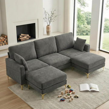 100" W U Shaped Couch with Ottoman, 22" Deep Seat Comfortable Sectional Couches for Living Room