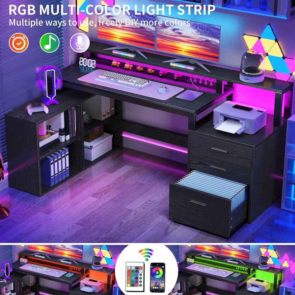 L Shaped Desk with Drawers, 65" Computer Desk with Power Outlets & LED Lights