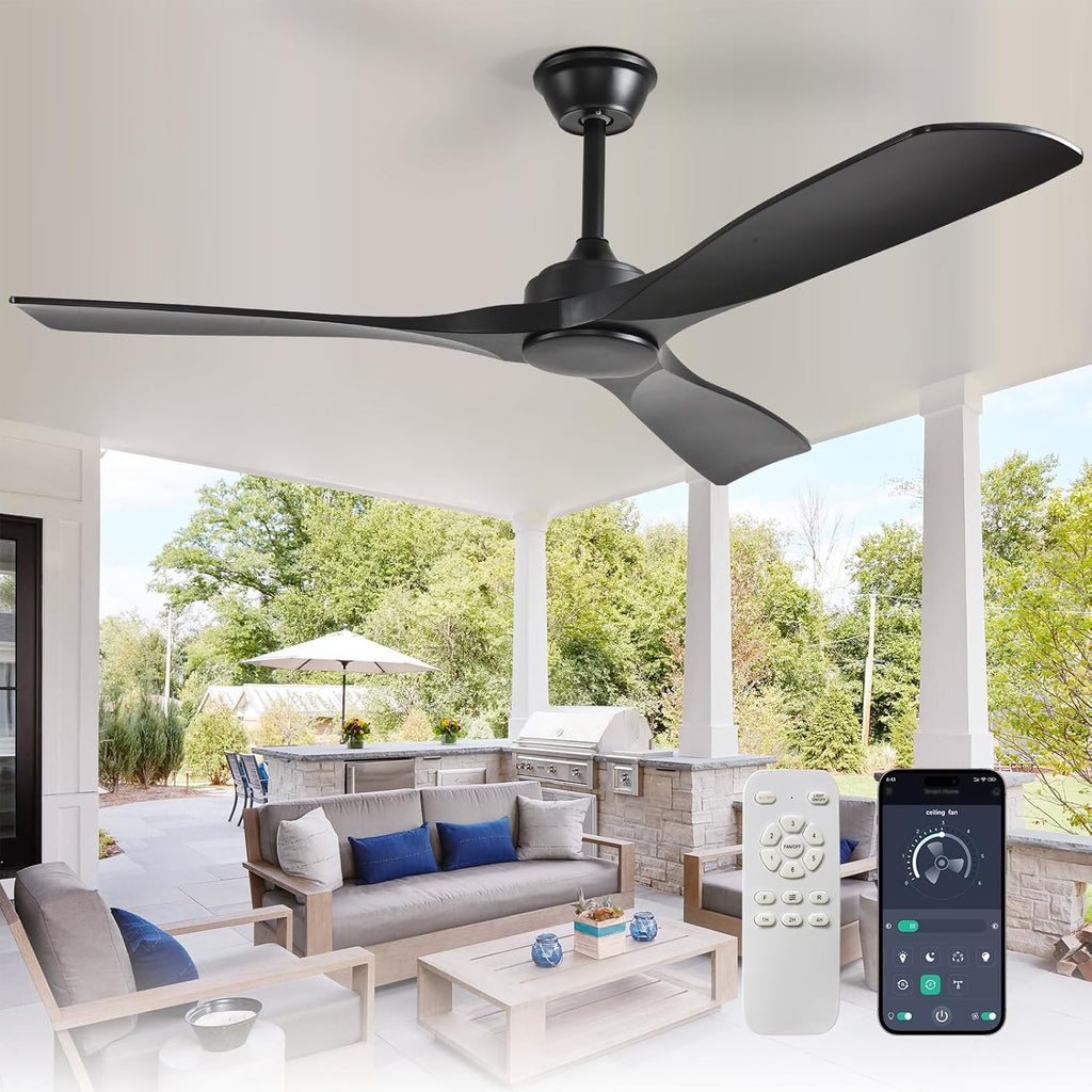 52 Inch 3 Blade Indoor Outdoor Fans for Patios - Black Ceiling Fan No Light Remote APP Control Ultra Quiet DC Motor Reversible 6 Speed Timer A101-B0C4H7H427