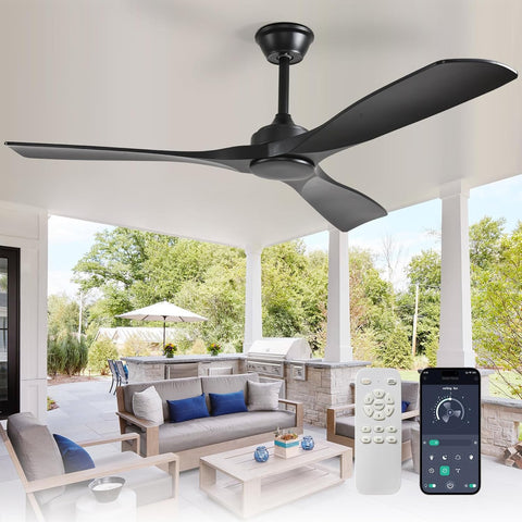 52 Inch 3 Blade Indoor Outdoor Fans for Patios - Black Ceiling Fan No Light Remote APP Control Ultra Quiet DC Motor Reversible 6 Speed Timer A101-B0C4H7H427