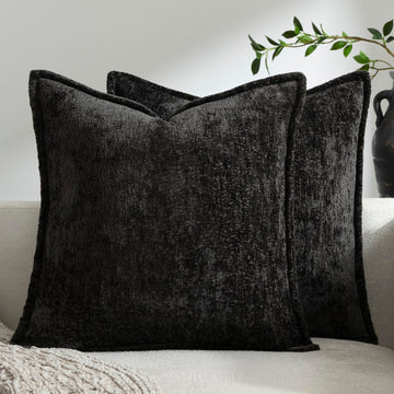 Pack of 2 Black Decorative Throw Pillow Covers 18x18 Cozy Soft Chenille Accent Vintage Square Couch Pillow Covers