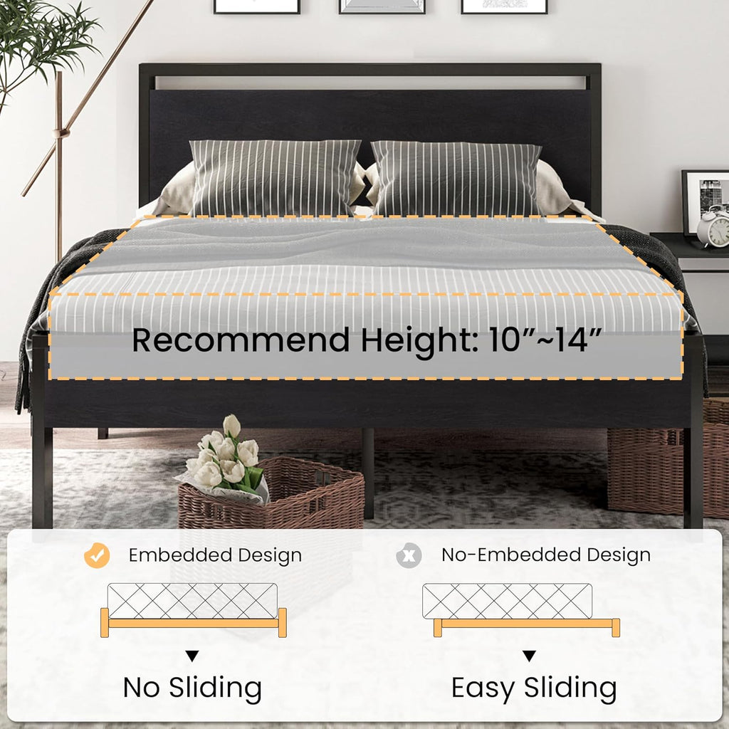 14 Inch King Metal Platform Bed Frame with Wooden Headboard and Footboard, Mattress Foundation, No Box Spring Needed