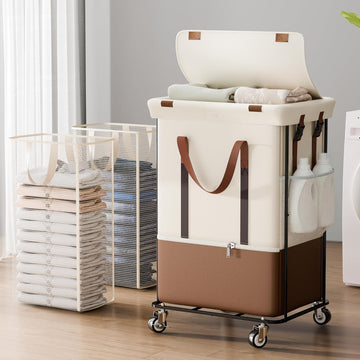 Double Laundry Hamper with Lid, Rolling Laundry Basket with Wheels and 2 Removable 75L Bags, 2 Section Large Capacity