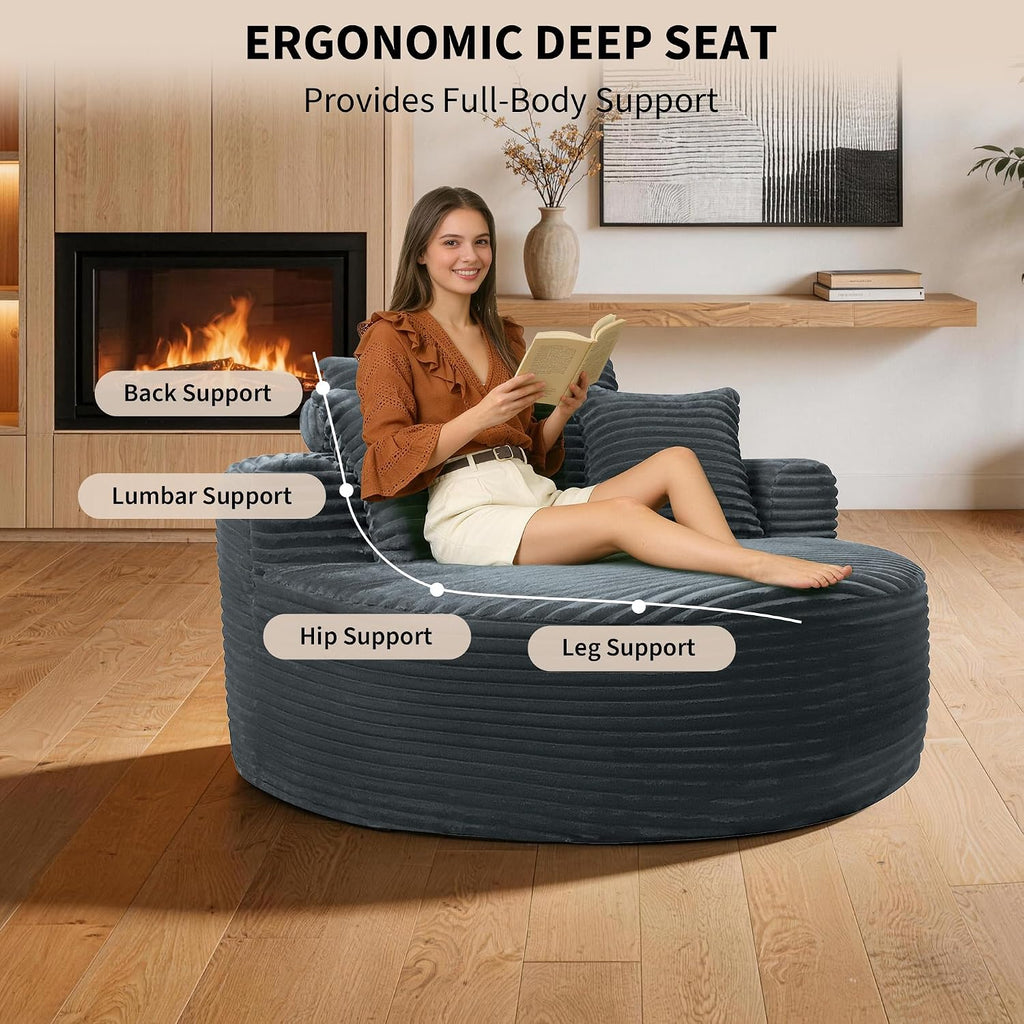55'' Oversized Round Chaise Lounge Chair Indoor, Upholstered Corduroy Cloud Circle Chair with 3 Pillows, Deep Seat