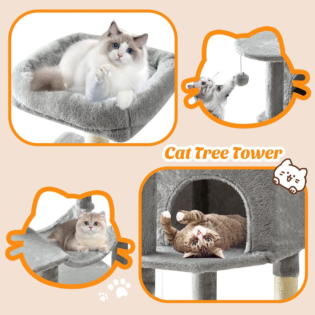 44 Inch Cat Tree Tower, Cat Climbing Tower with Natural Sisal Scratching Posts, Hammock