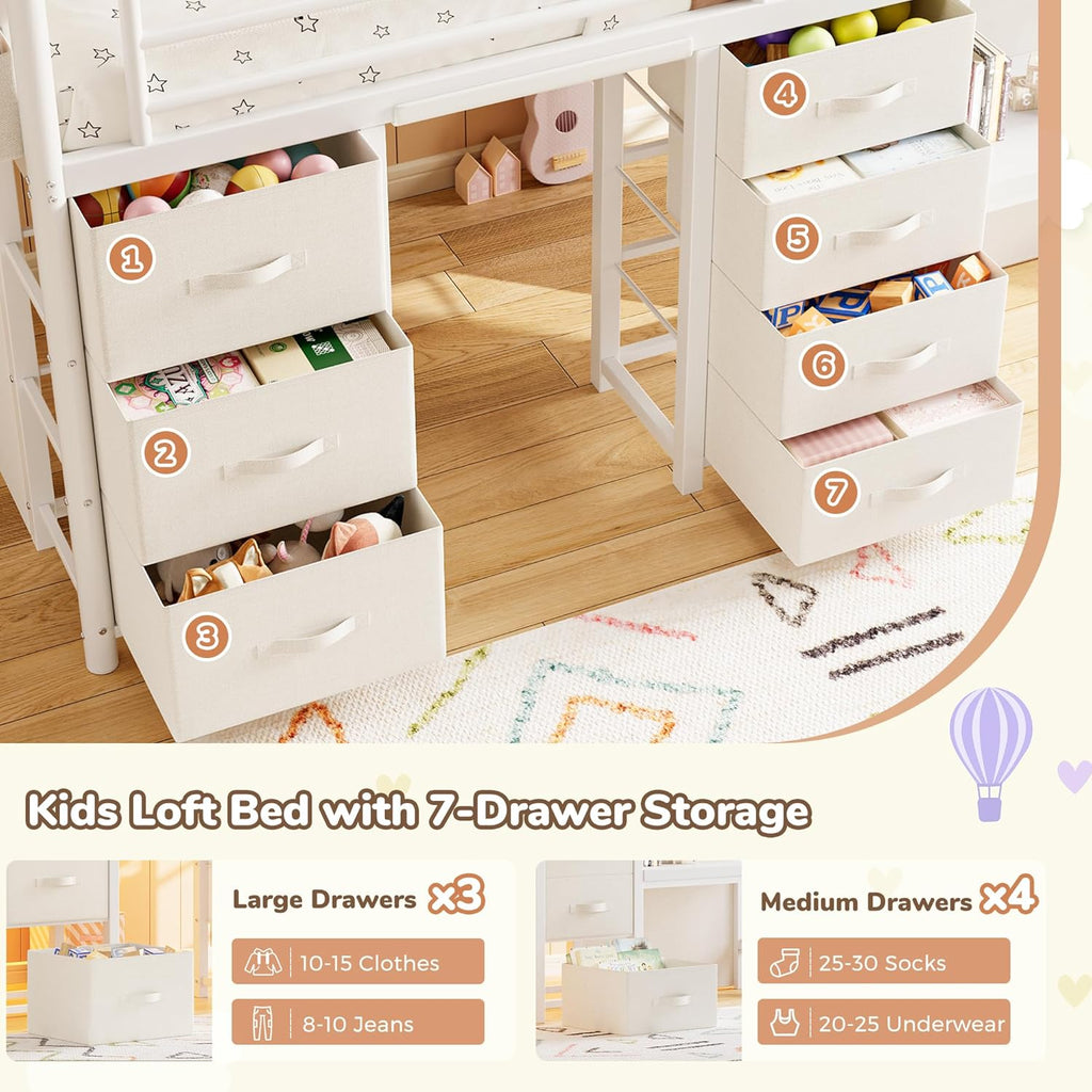 Low Loft Bed Twin with 7 Storage Drawers, Desk and LED Lights
