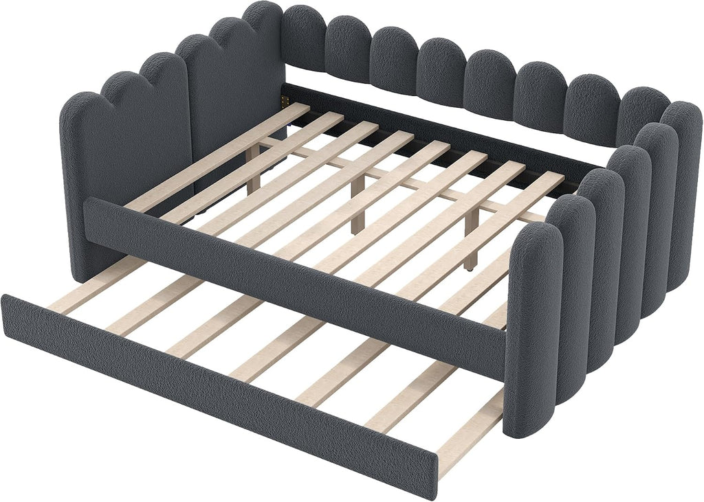 Queen Upholstered Daybed with Trundle, Upholstered Queen Daybed with Pull Out Trundle and Wood Slat Support, No Box