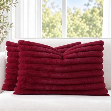 Faux Fur Striped Wine Red Throw Pillow Covers 12x20 Set of 2