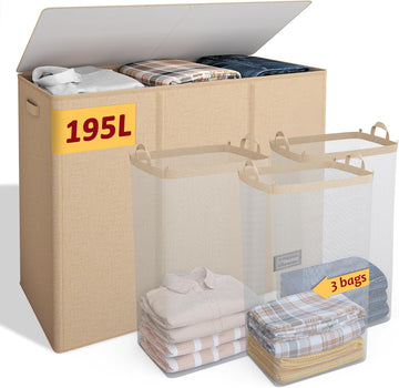 195L Laundry Hamper 3 Section,Large Laundry Hamper with Lid,Dirty Clothes Hamper with 3 Inner Bags,Collapsible