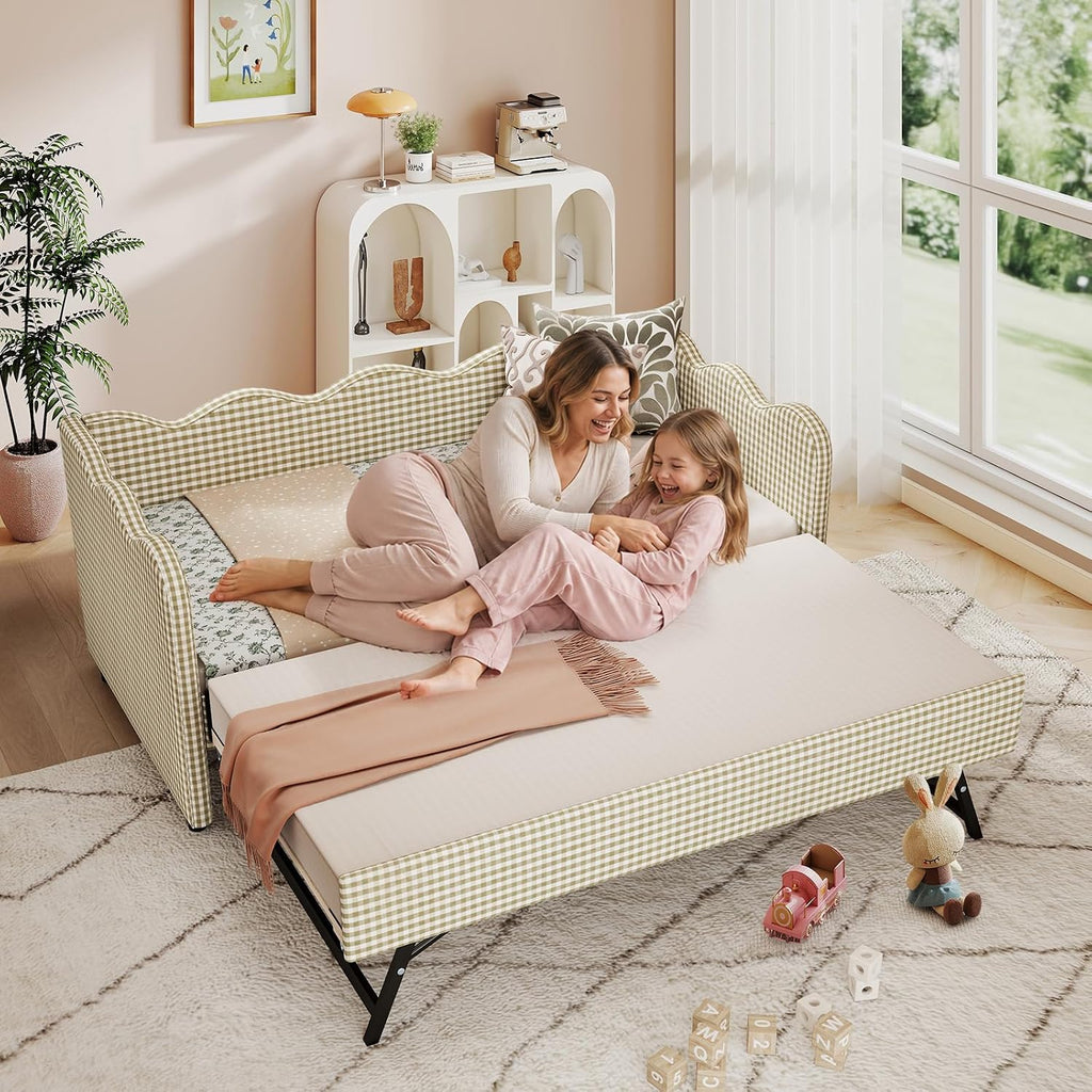 Twin Size Daybed with Pop Up Trundle, Twin to King Gingham Daybed with USB, Upholstery Adorable Wave Shaped Linen