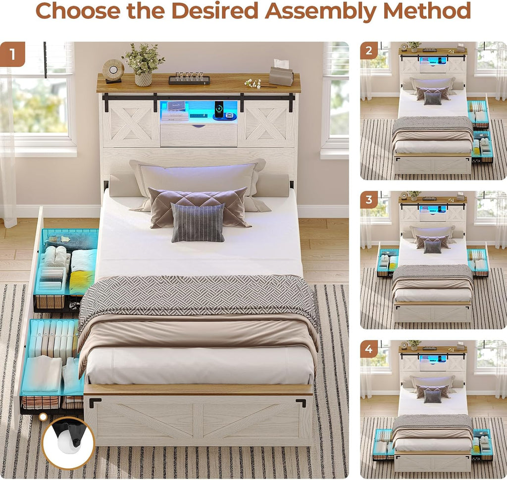 Farmhouse Bed Frame Twin with 2 Storage Drawers, Wooden Platform Twin Bed with LED Lights and Charging Station