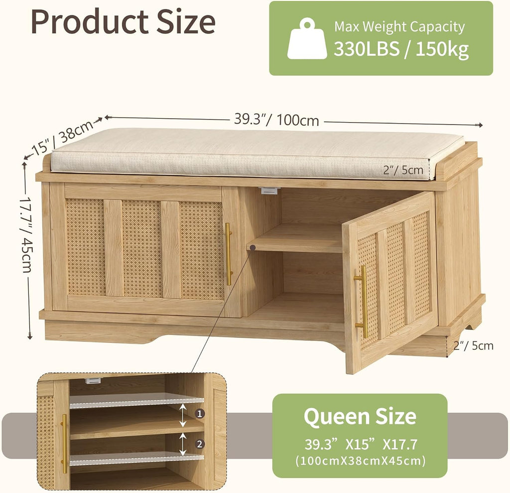 Shoe Cabinet with Bench, Rattan Entryway Storage Bench with Cushion, Shoe Storage Bench Cabinet with 2 Doors
