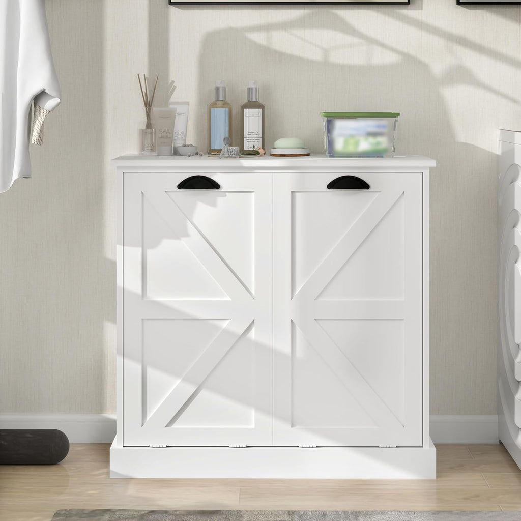 Laundry Hamper Cabinet with Removable Basket, Double Tilt Out Laundry Hamper, Wood Bathroom Storage, Free Standing