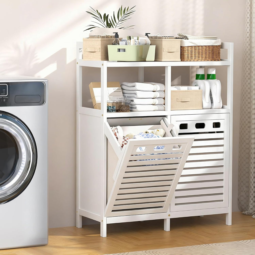 Tilt Out Laundry Hamper Cabinet, Bamboo Double Laundry Hamper with 2 Removable Laundry Baskets, 20 Gal Laundry Sorter