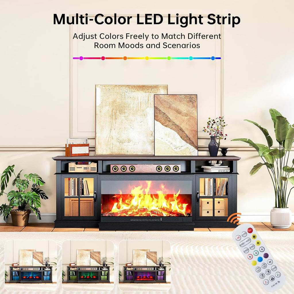 70" Fireplace TV Stand, 3 Sided Glass Modern Entertainment Center for TVs Up to 80", TV Console with Storage