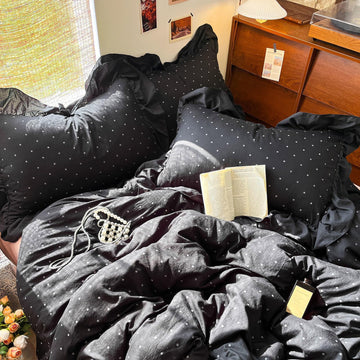 Chic Black Polka Dot Ruffle Comforter Set Farmhouse Fluffy Bedding Set Double Layer Gauze Comforter with 2
