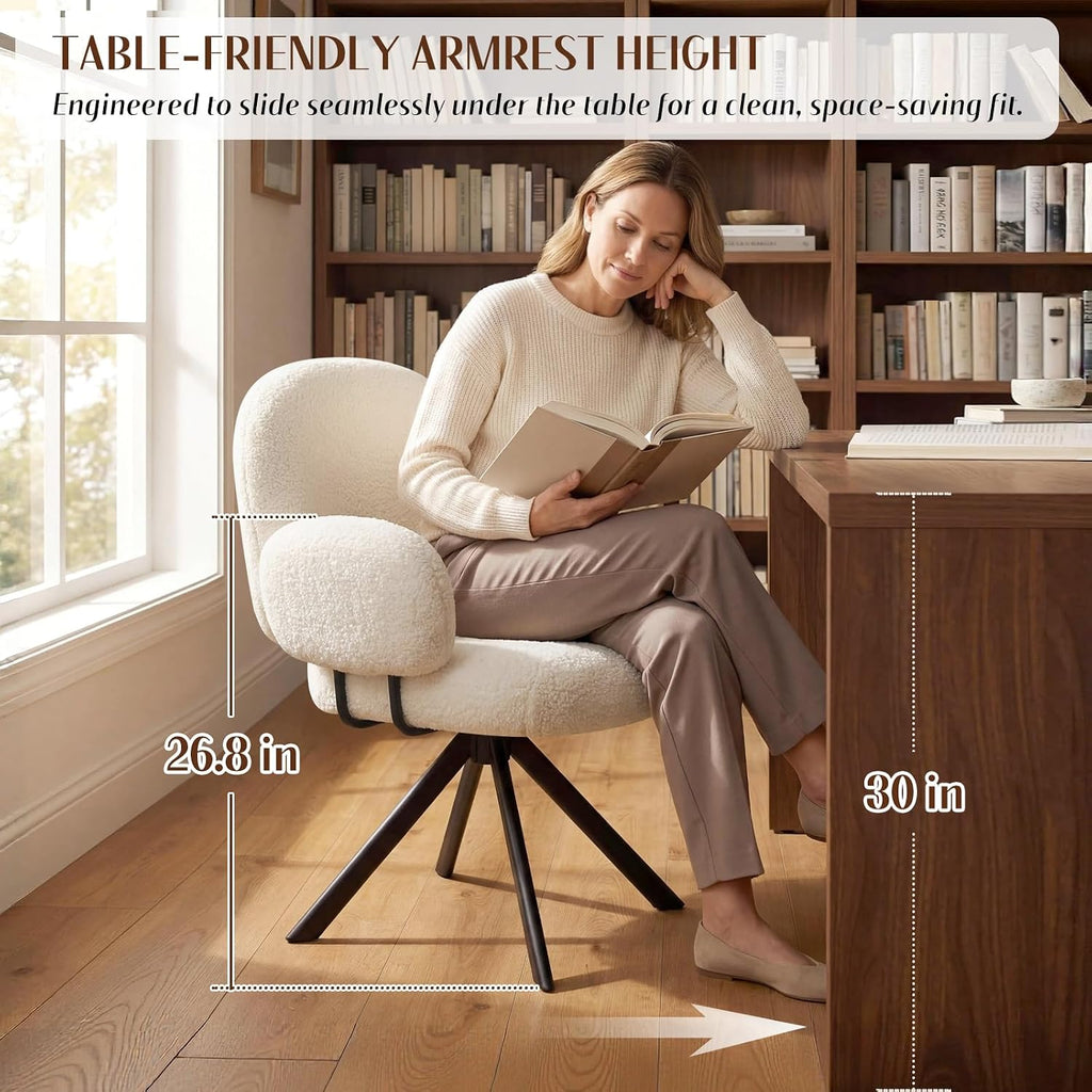 Cute Desk Chair No Wheels, 360° Swivel Accent Chairs with Arms, Modern Upholstered Dining Room Chairs with Tufted