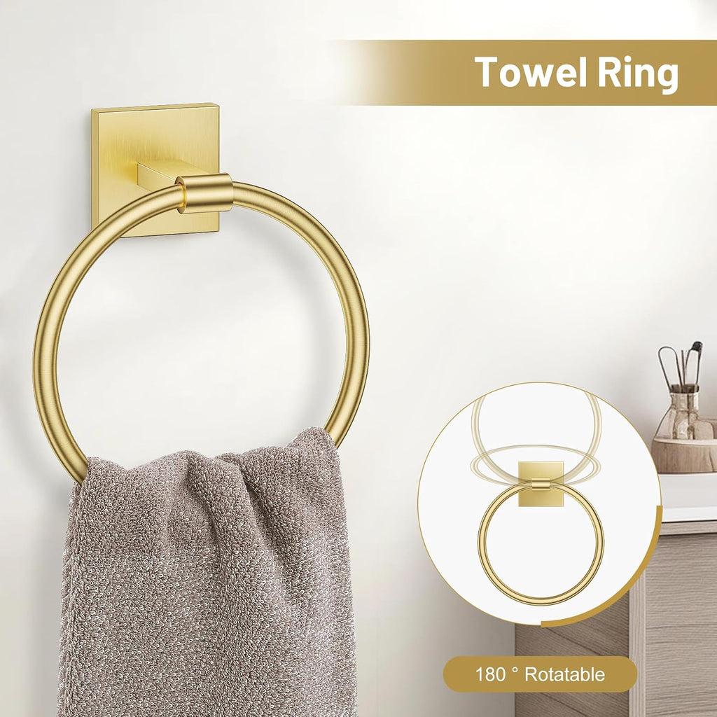 Brushed Gold 5 Piece Bathroom Hardware Accessories Set, SUS304 Stainless Steel Bath Towel Bar Set, 24 Inch Round