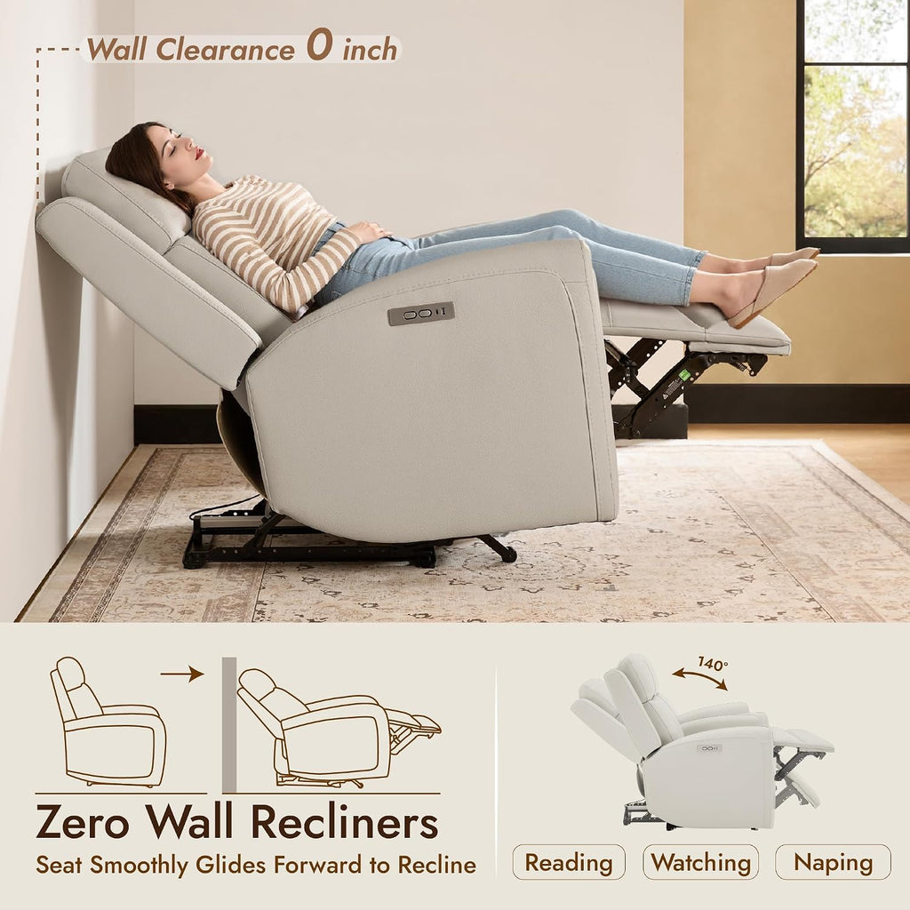 Zero Wall Hugger Power Recliner Chair , Modern Electric Reclining Chair with USB & Type-C Ports, Faux Leather