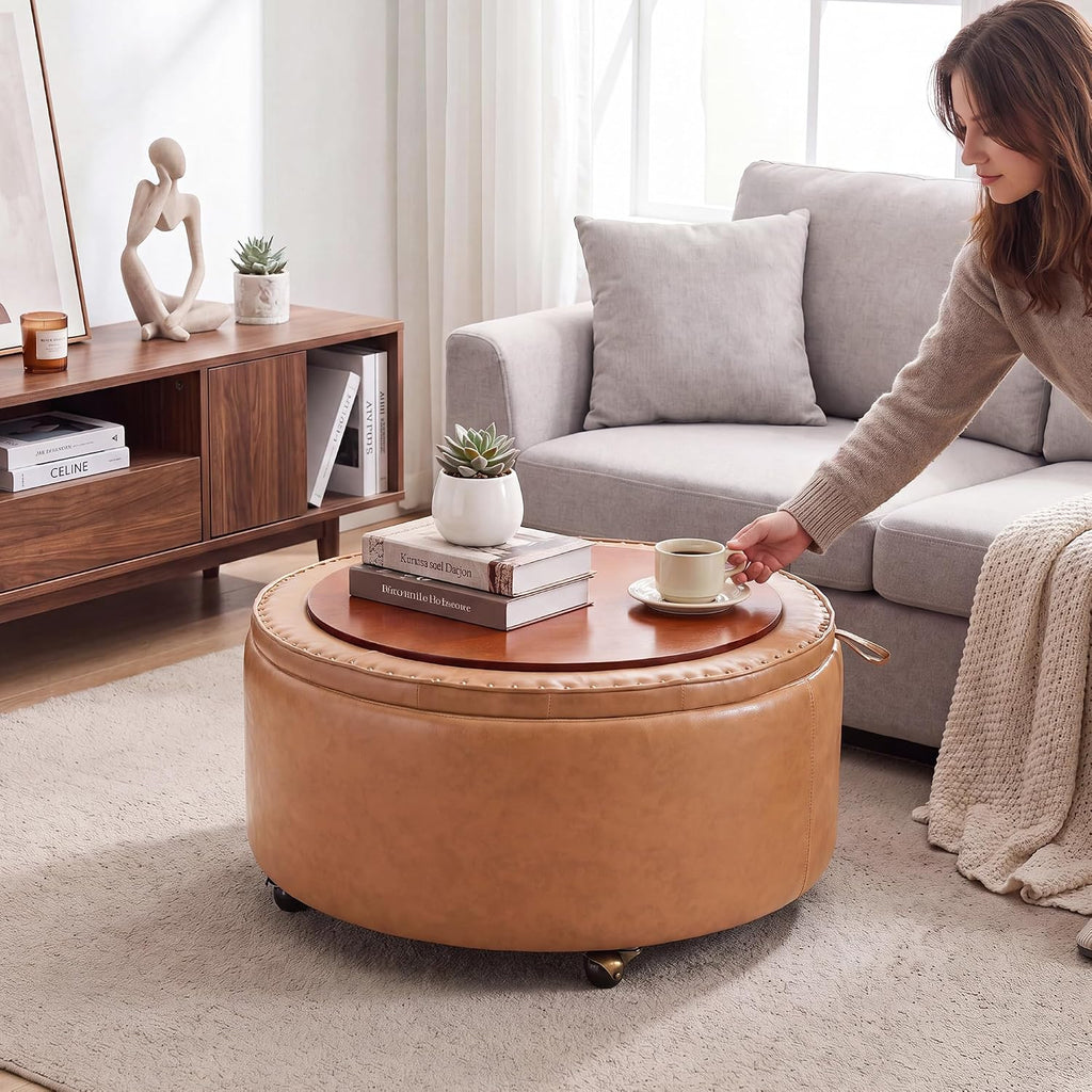 29" Large Round Storage Ottoman with Tray, Camel