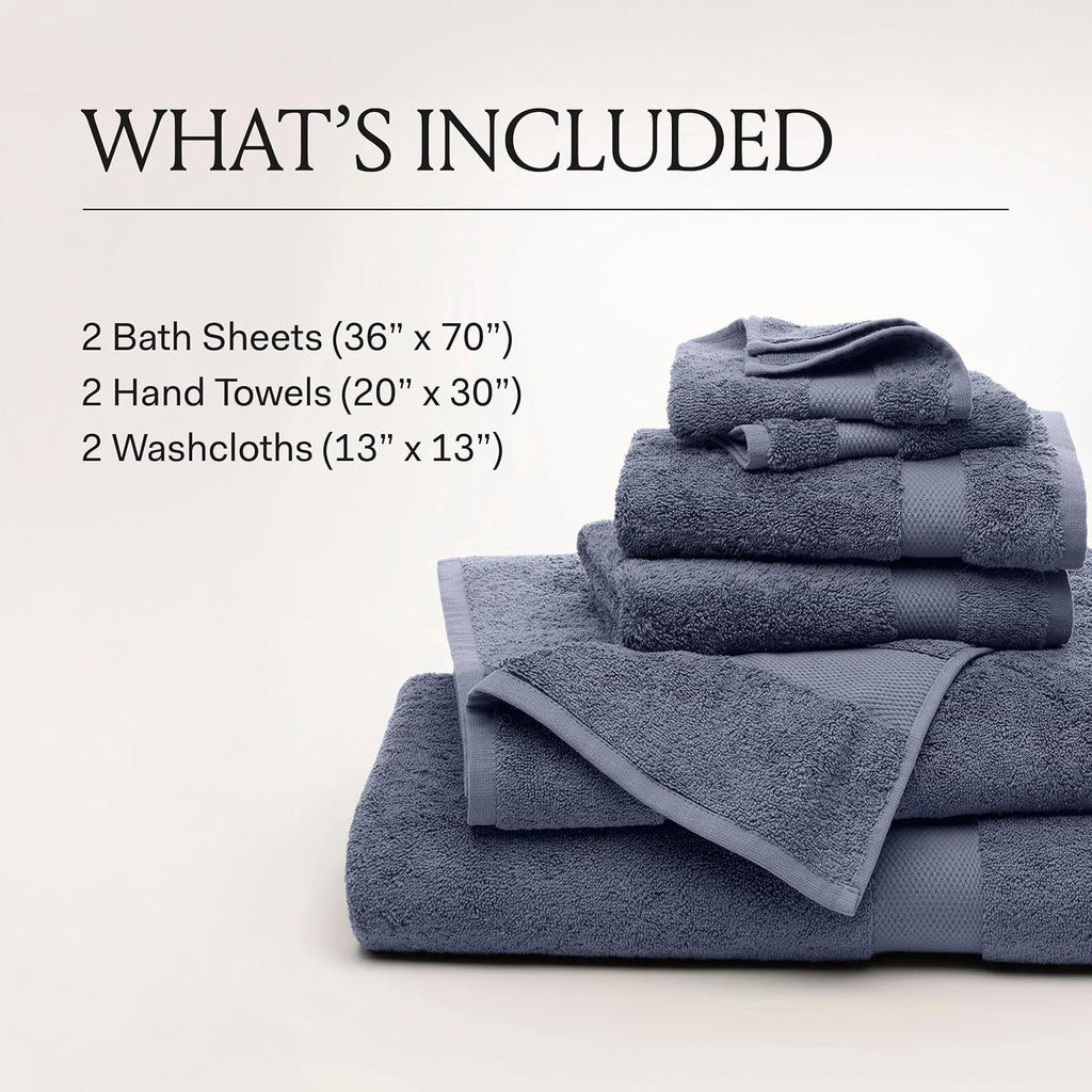 Plush Bath Sheet Set, 6 Pieces, Mineral | 2 Oversized Bath Sheets, 2 Hand Towels & 2 Washcloths - 100% Organic Cotton