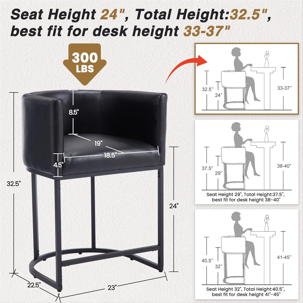 Black Modern Barrel Counter Height Clearance Bar Stools Set of 3, 24 Inch PU Leather Kitchen Barstools with Back
