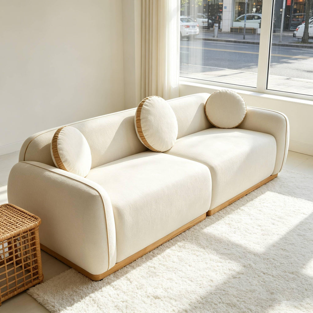 91" Modern Sofa, Upholstered Chenille Couch Curved Sectional Sofas with 3 Round Pillows, Luxury Deep-Seat Comfortable