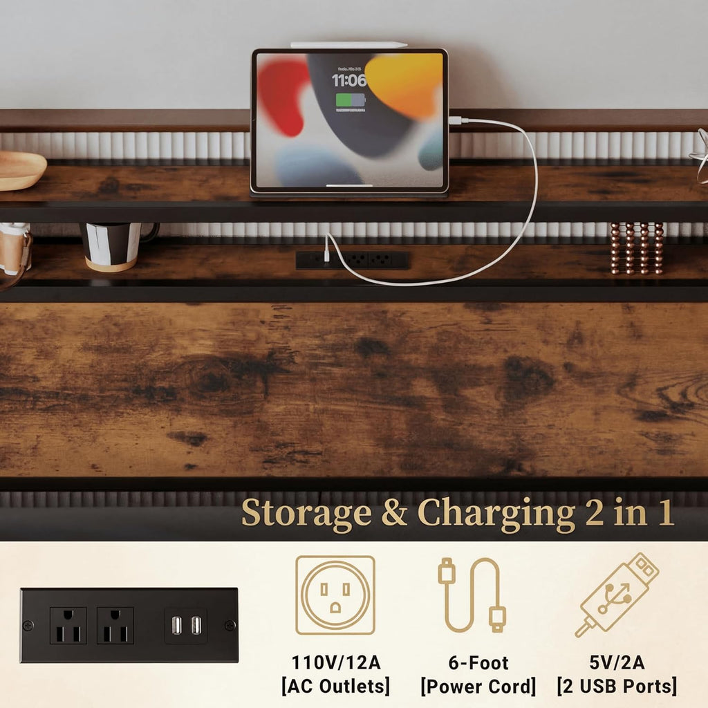 King Bed Frame with Storage Headboard, Platform King Bed with 2 Drawers and Charging Station, Heavy-Duty Metal Slats