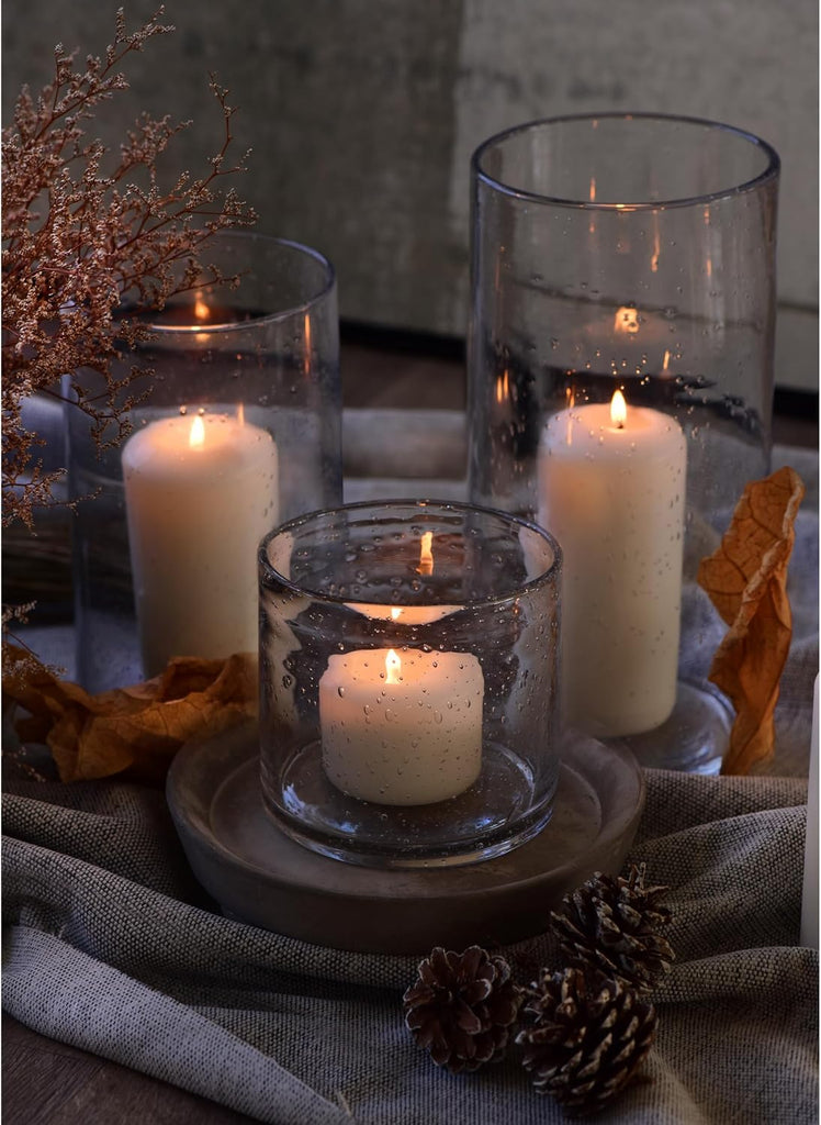 Hurricane Candle Holders Glass Cylinders Set of 3 (10" 7" 4") | Clear Seeded Bubbles, Cylinder Vases For Pillar