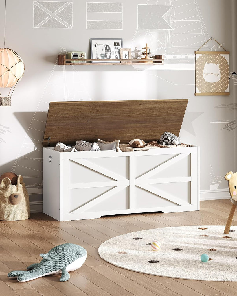 Storage Chest, 43.3" Toy Chest Storage, Farmhouse Storage Bench with Safety Hinge, Storage Trunk, Walnut and White