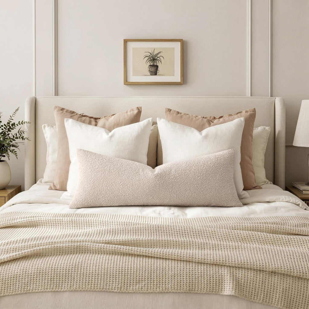 Textured Boucle Throw Pillow Cover Beige Accent Solid Lumbar Pillow Case Decorative Soft Pack of 1 Couch Cushion