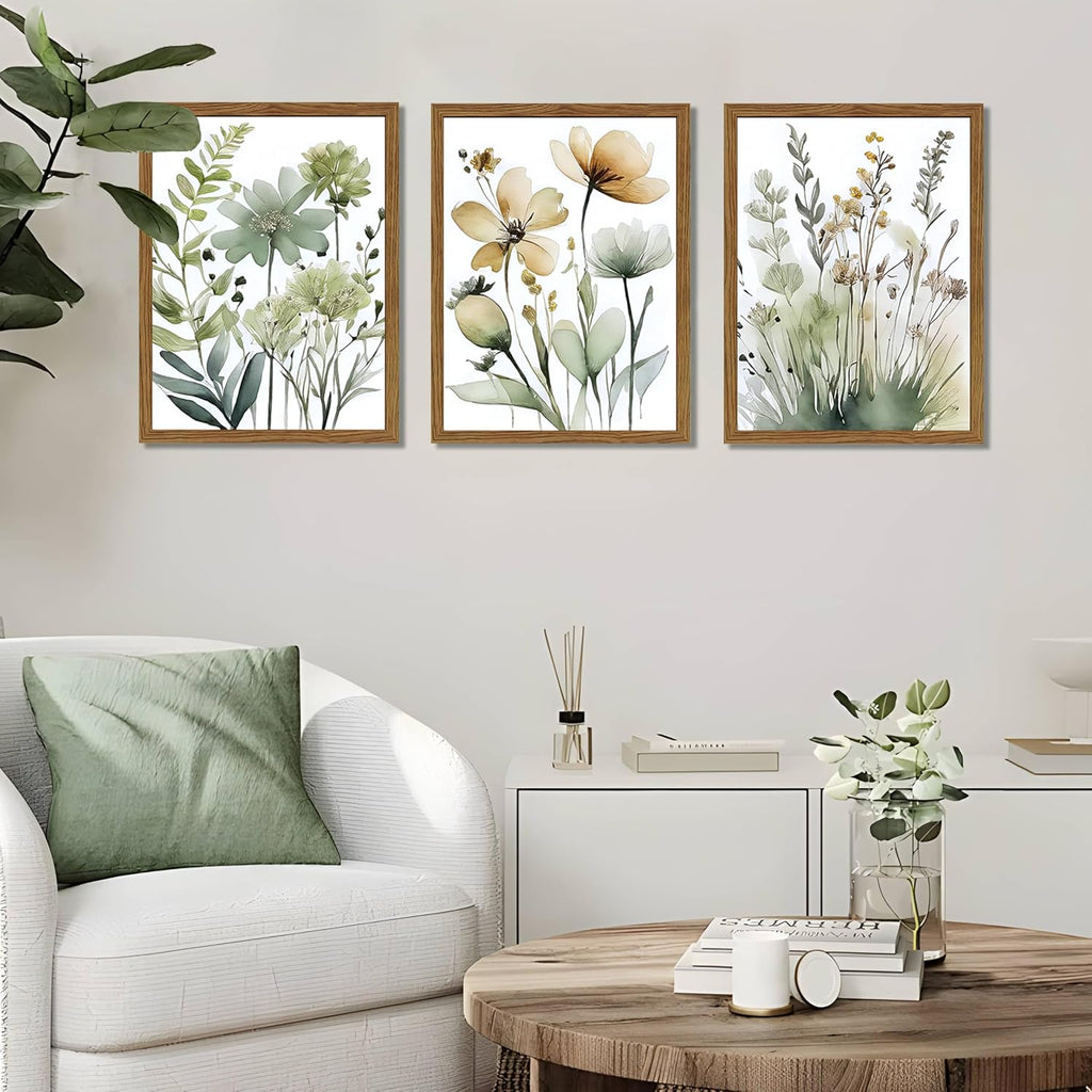 Wood Framed Sage Green Botanical Wall Art Set of 3, Boho Floral Canvas Wall Decor Paintings, Minimalist Flower