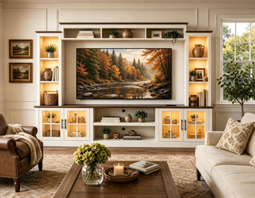 Farmhouse TV Stand 98" Entertainment Wall Unit with Barn Doors, Built-in Power Outlets, Open Bookshelves & Storage