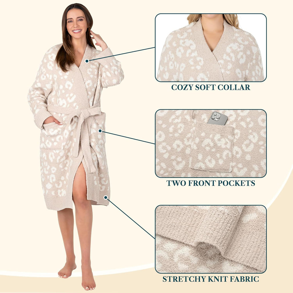 Premium Plush Robe for Women, Soft Cozy Fuzzy Bathrobe with Pockets, Warm Mid-Length Lounge Robe with Tie Belt