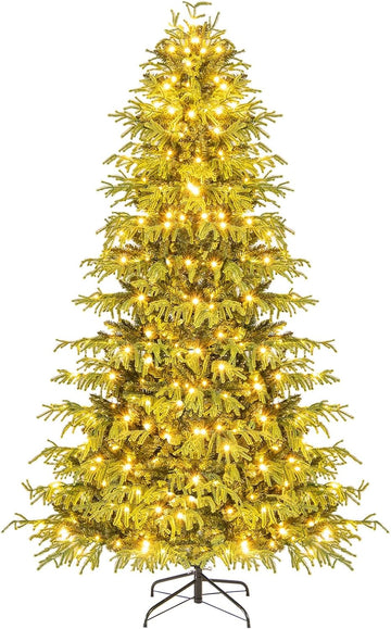 7 FT Pre-Lit Artificial Christmas Tree, Hinged Full Xmas Tree with 1090 PVC & Soft TPE Branch Tips, 370 Warm White