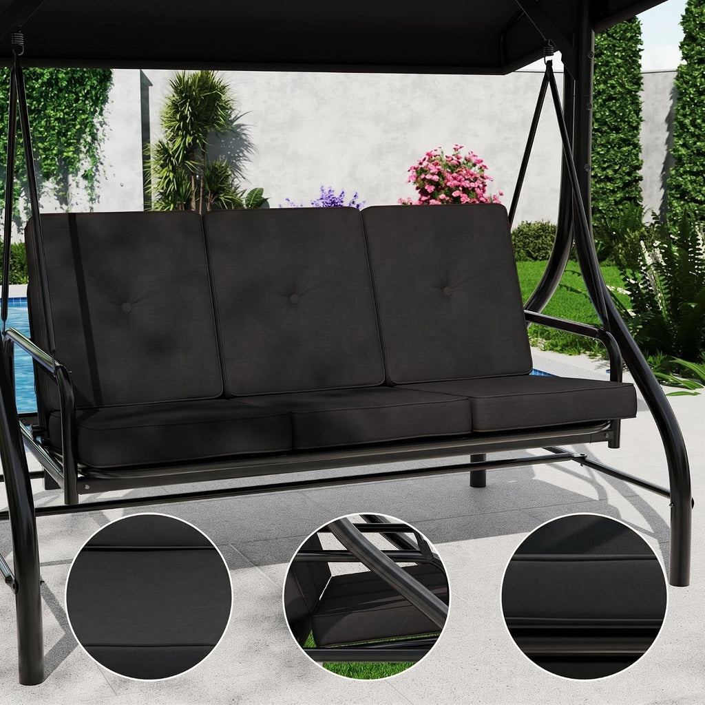 3-Seat Outdoor Porch Swing with Adjustable Canopy | Patio Swing Chair with Stand, 800 Lbs Heavy Duty Steel Frame