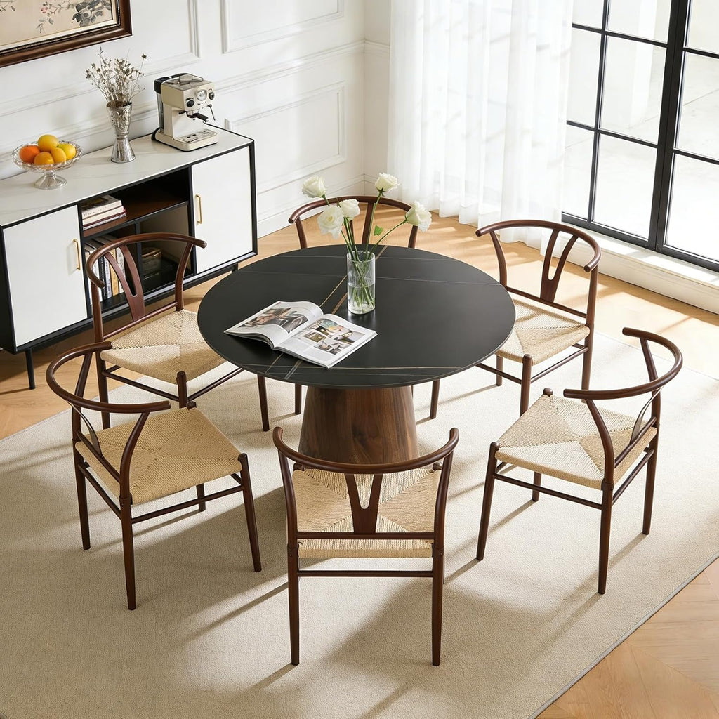 Faux Marble Round Dining Table for 4/5/6, 42" Modern Round Kitchen Table with Black Sintered Stone Top and Walnut