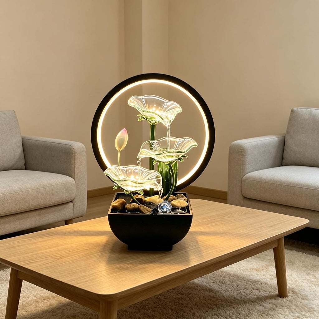 Tabletop Water Fountain,3-Tier Transparent Acrylic Lotus Leaf Zen Fountain,Indoor Water Feature with Lotus,LED Ring