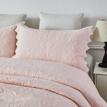 Pink Cotton Quilt Set Scalloped Matelasse Coverlet 2PC