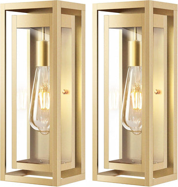 15" Large Gold Outdoor Light Fixture Wall Mount, 2 Pack Waterproof Outdoor Sconces, Modern Wall Lights with Clear Glass Shade for Front Door, Porch, Garage