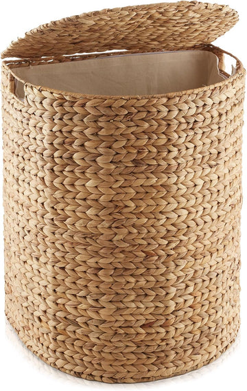 Half Moon Laundry Hamper with Lid and Removable Liner Bag - Natural, Woven Water Hyacinth Laundry Basket for Clothes