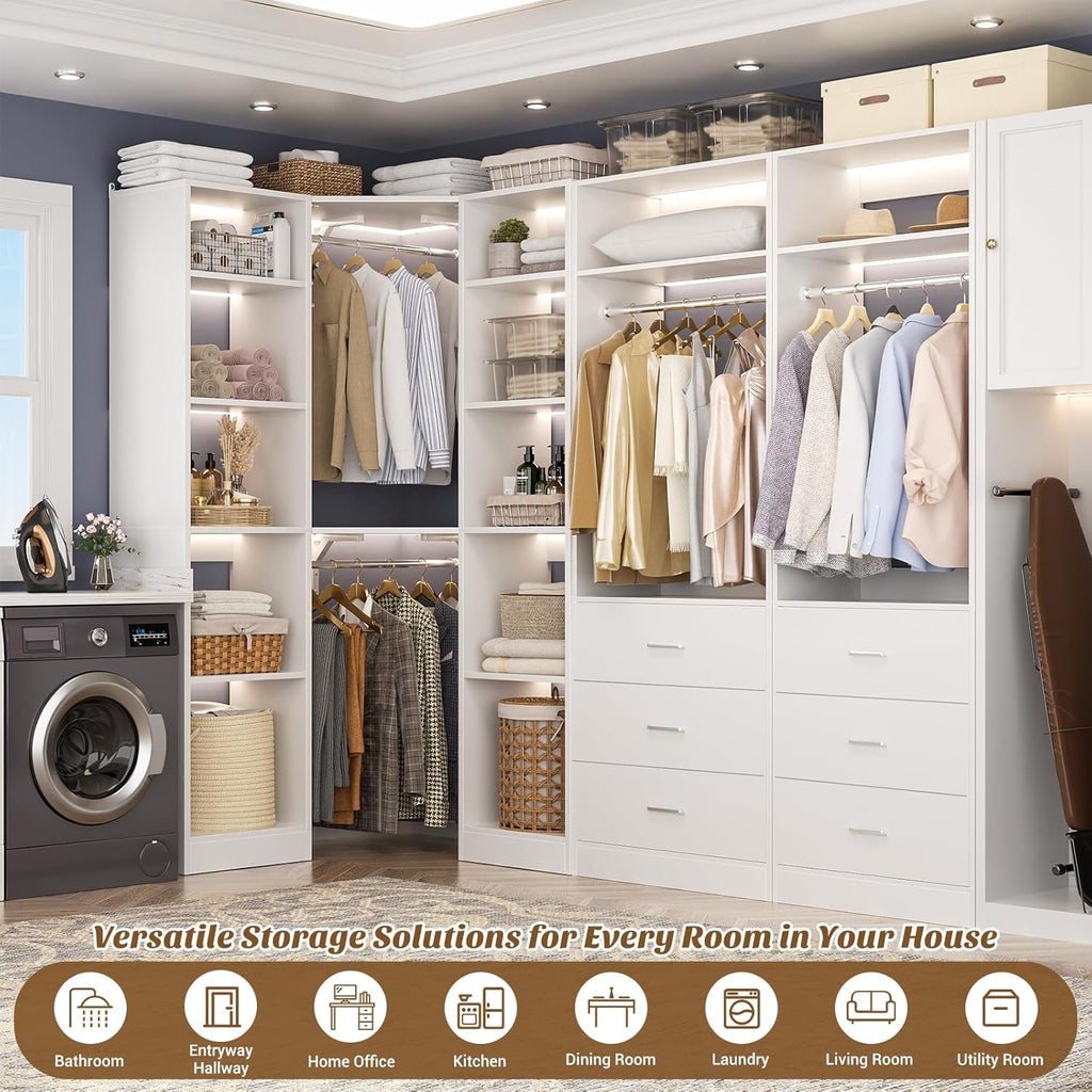 Corner Closet System with 6 Drawers, Corner Closet Organizer System | Reversible L Shaped Walk-in Closets with 14