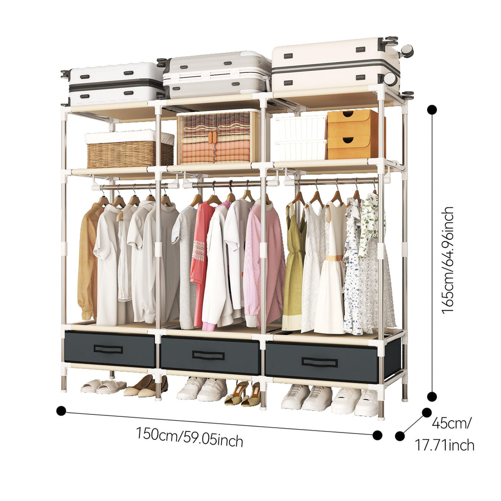 Portable Closet Wardrobe with 3 Storage compartments,3 Hanging Rods and 3 Drawers itory.