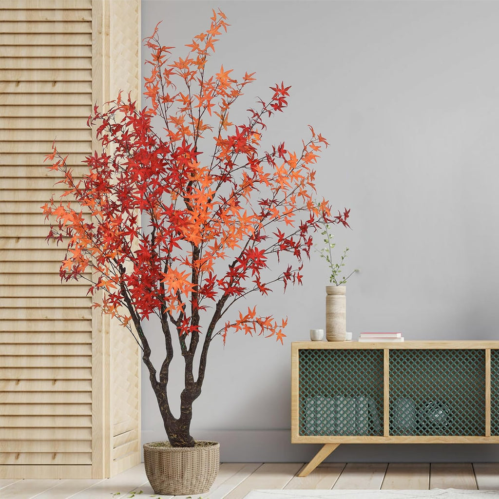 7FT Artificial Maple Tree, Large Faux Floor Plant with Red-Yellow Leaves & Realistic Trunk, 84 Inch Fake Autumn Maple