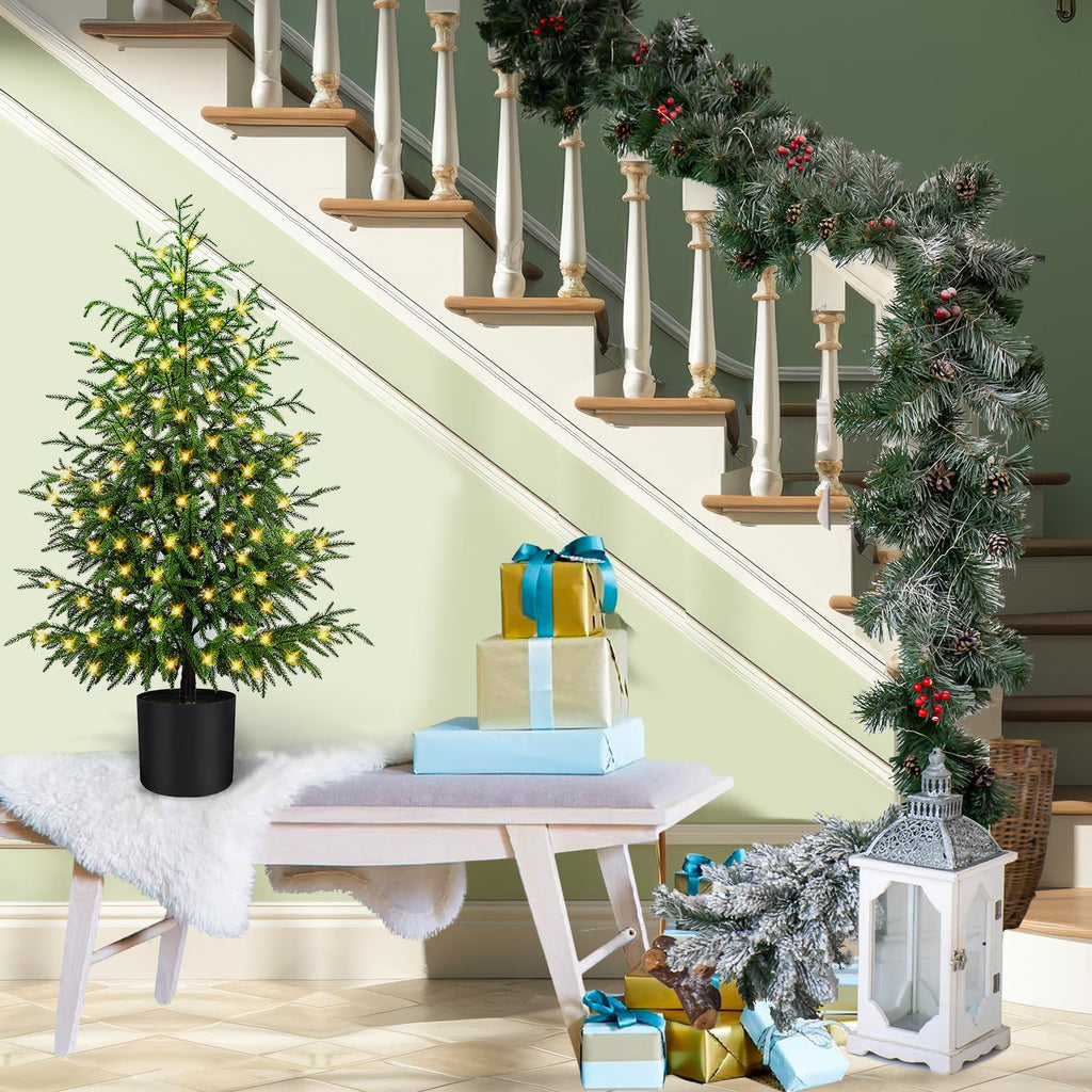 4FT Prelit Norfolk Pine Christmas Tree Real Touch Artificial Cedar Tree with 80LED Lights & 8-Function Plug-in Potted