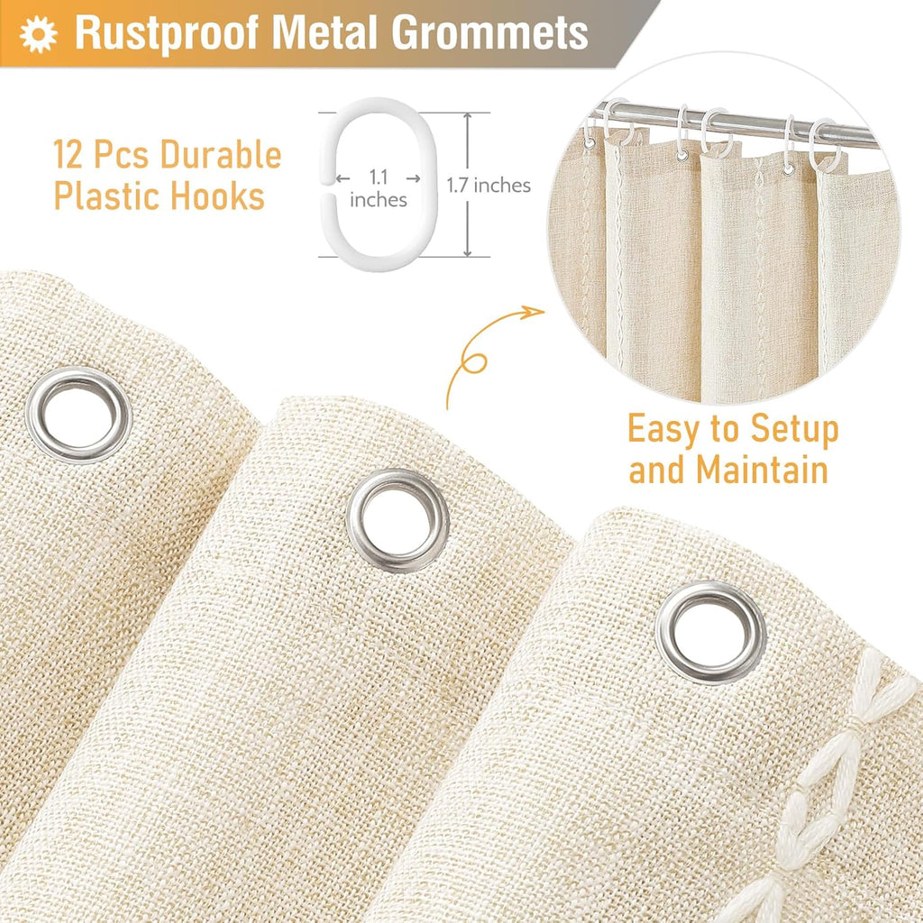 Boho Farmhouse Shower Curtain, Linen Rustic Weighted Striped Cloth Shower Curtain Set with Tassel, Water Repellent